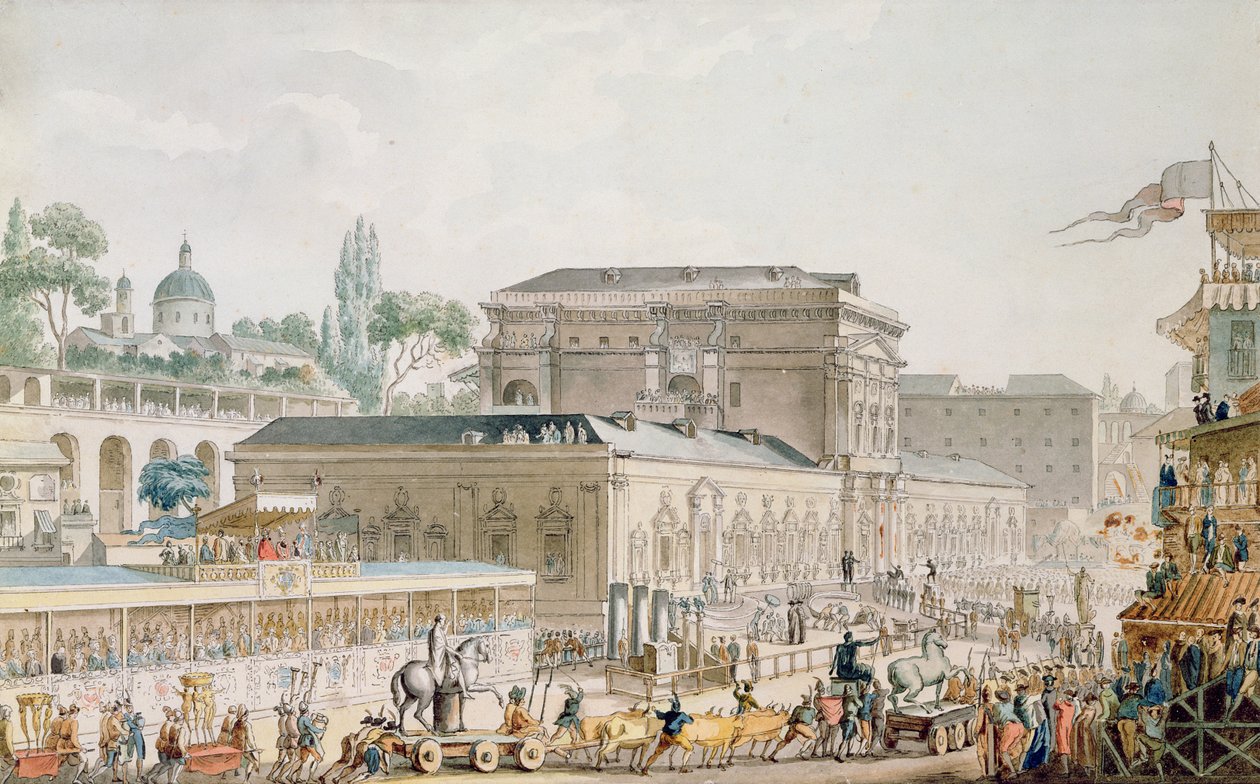 Herculaneumista löydetty antiikki kuljetetaan Napolin museoon, n. 1782 (kynä, muste ja wc paperilla) tekijältä Louis Jean Desprez
