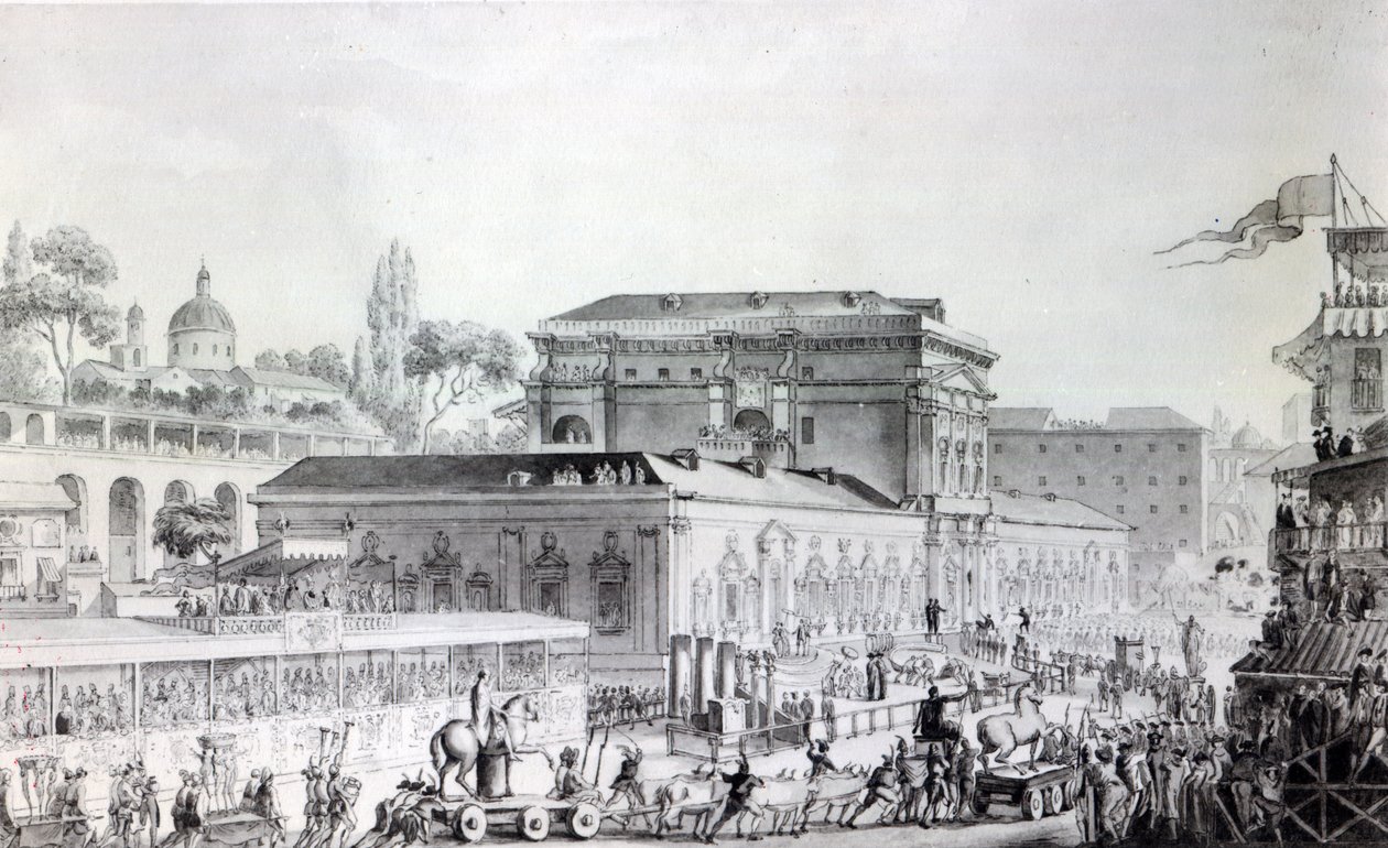 Herculaneumista löydetty antiikki kuljetetaan Napolin museoon, n. 1782 (kynä, muste ja akvarelli paperille) tekijältä Louis Jean Desprez