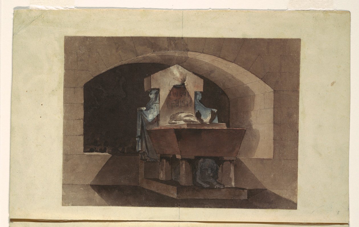 Piirros, Egyptiläiseen tyyliin tehty hautakammio, jossa karyatideja ja leijona, n. 1779-84. tekijältä Louis Jean Desprez