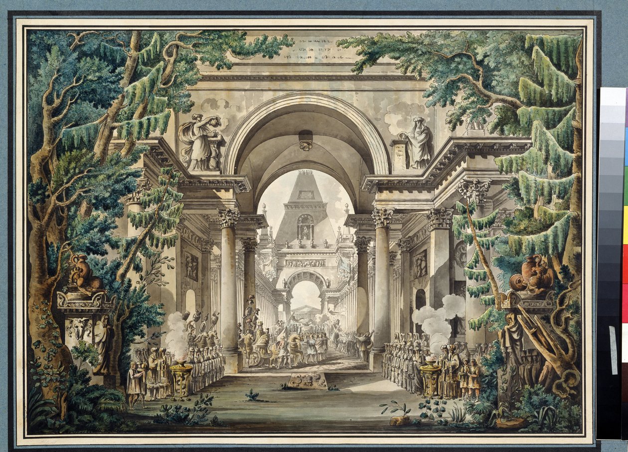 ""La procession au temple"" (Käskentely temppelissä) Skenografia näytelmään. Akvarelli Louis Jean Desprez (1743-1804) Pushkin-museo, Moskova tekijältä Louis Jean Desprez