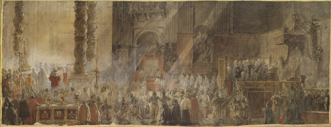 Ruotsin kuningas Kustaa III (1746-1792) osallistuu joulumessuun Pietarinkirkossa Vatikaanissa, vuonna 1783 - Ruotsin kuningas Kustaa III osallistuu joulumessuun Pietarinkirkossa Vatikaanissa tekijältä Louis Jean Desprez