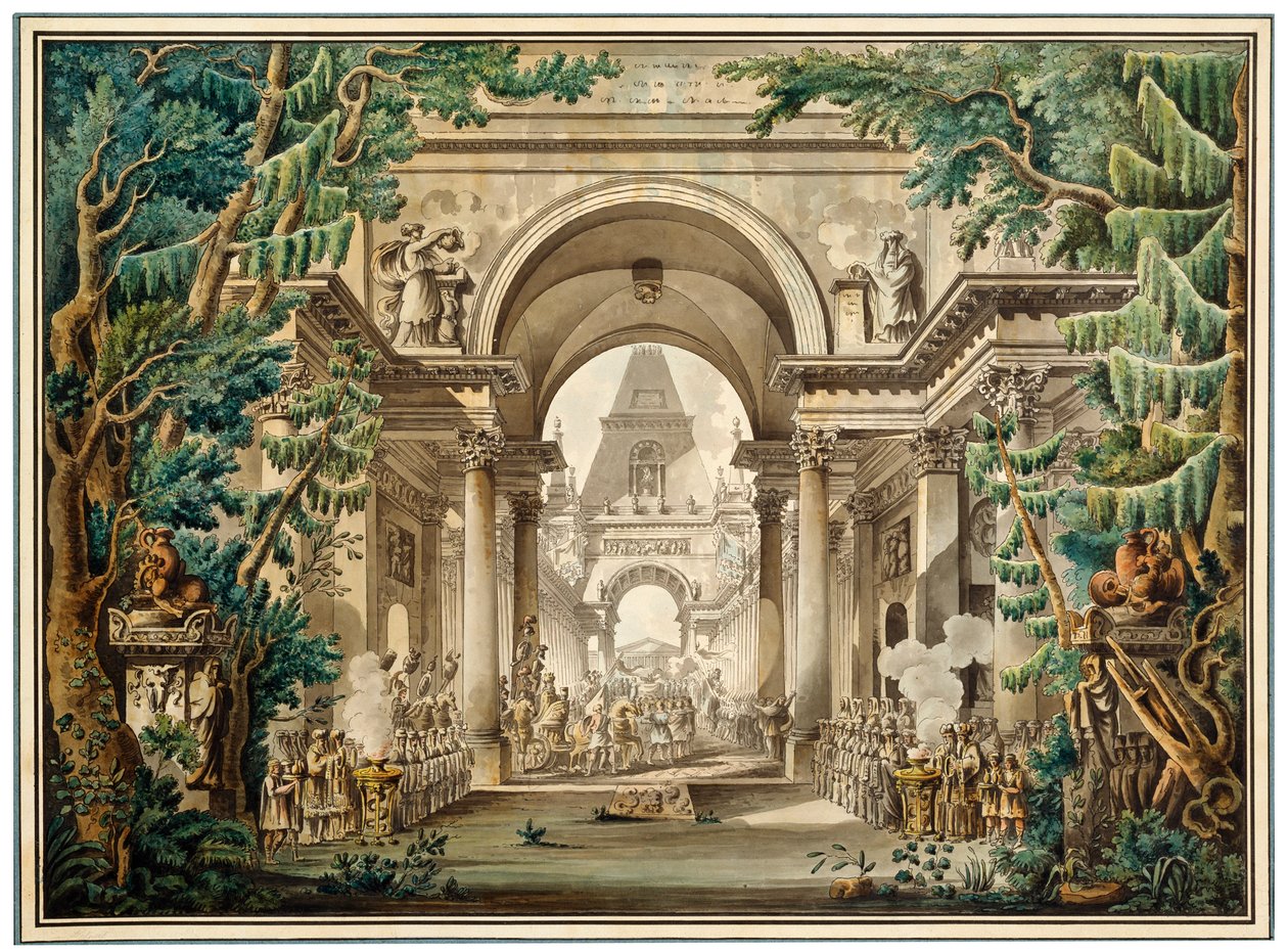 Kulkue temppelissä. Lavastus teatterinäytelmään, 1700-luvun tai 1800-luvun alku tekijältä Louis Jean Desprez