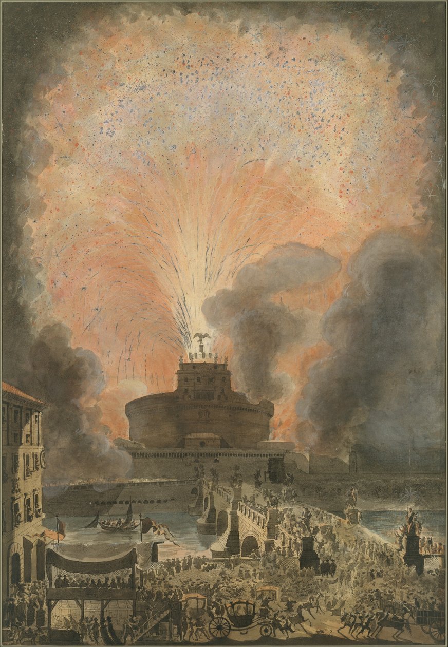 Girandola Castel SantAngelon linnassa, noin 1781 (etsaus ja käsin värjätty). tekijältä Louis Jean Desprez