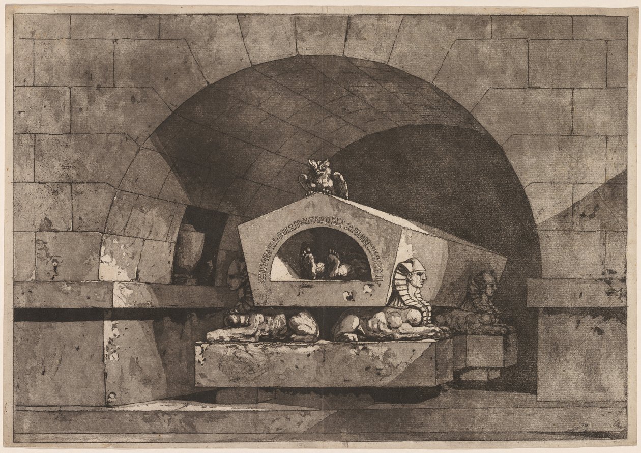 Hauta sfinksin kanssa: Hautausmuistomerkki pöllöllä sarkofagissa Sfinksin tukema n. 1779-84. tekijältä Louis Jean Desprez