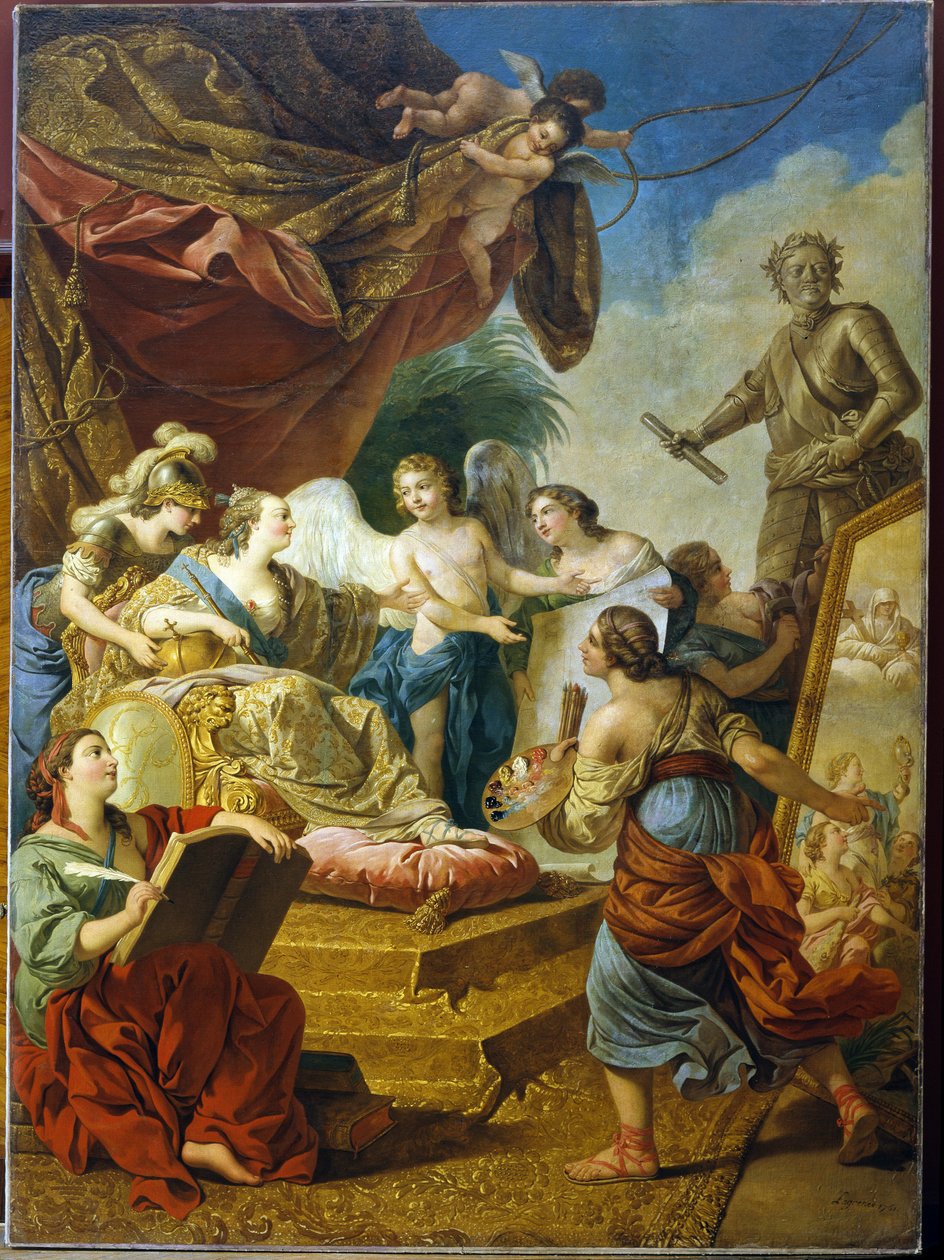 Venäjän keisarinna Elisabeth (tsaarina Elisabeth I Petrovna Romanov, joka tunnetaan nimellä Clemente (1709-1762), taiteen suojelija. (Keisarinna Elisabeth Petrovna taiteen suojelijana). Louis Jean Francois Lagreneen (1725-1805) maalaus, öljy Webissä tekijältä Louis Jean Francois I Lagrenee