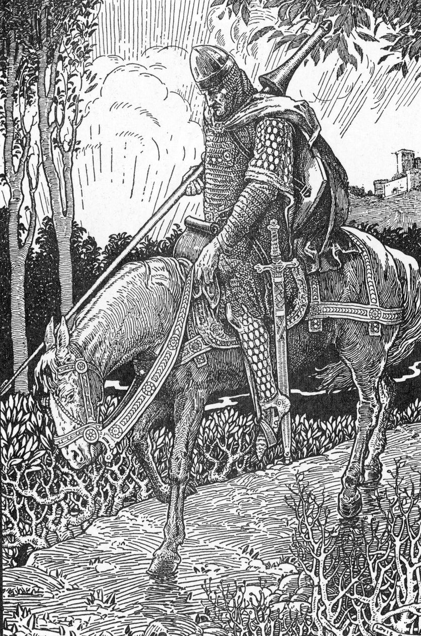 Mordred (Modred) haavat Camlannin taistelun jälkeen isäänsä kuningas Arthuria vastaan (Mordred haavoittui Camlannin taistelun jälkeen) Louis Rheadin (1858-1926) kuvitus teoksesta "Kuningas Arthur ja hänen ritarit" 1923 Yksityinen kokoelma tekijältä Louis John Rhead