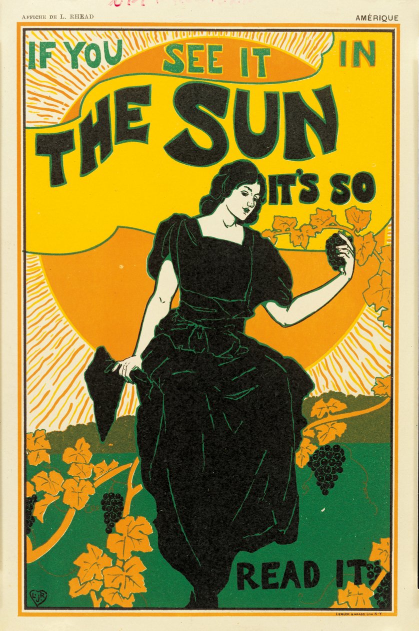 The Sun -sanomalehden julistemainos, 1895 tekijältä Louis John Rhead