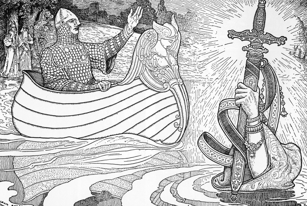 Kuvaus Lady of the Lakesta (fee viviane), Arthurian legendojen hahmo, joka antaa kuningas Arthurille epee Excaliburin (Arthurian legenda: Lady of the Lake (Nimue, Viviane) antaa kuningas Arthurille miekkansa Excaliburin) Louis Rheadin kuvitus (1858) -1 tekijältä Louis John Rhead