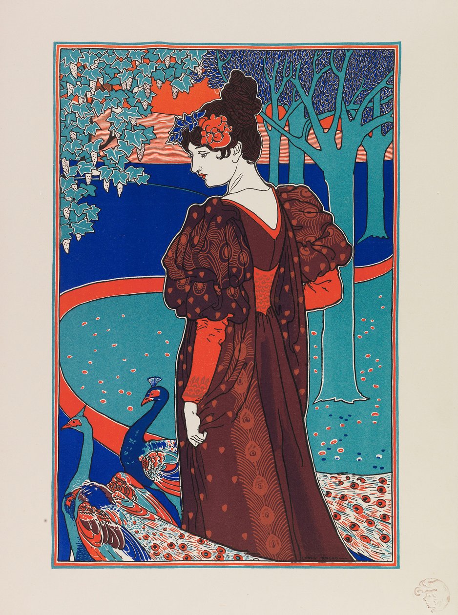 Nainen riikinkukkojen kanssa, noin 1897. tekijältä Louis John Rhead