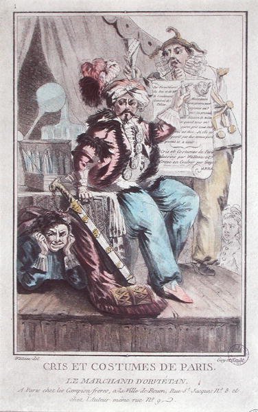 Orvietan Seller, "Cris et Costumes de Paris", kaiverrus Guyot (värillinen kaiverrus) tekijältä Louis Joseph Watteau