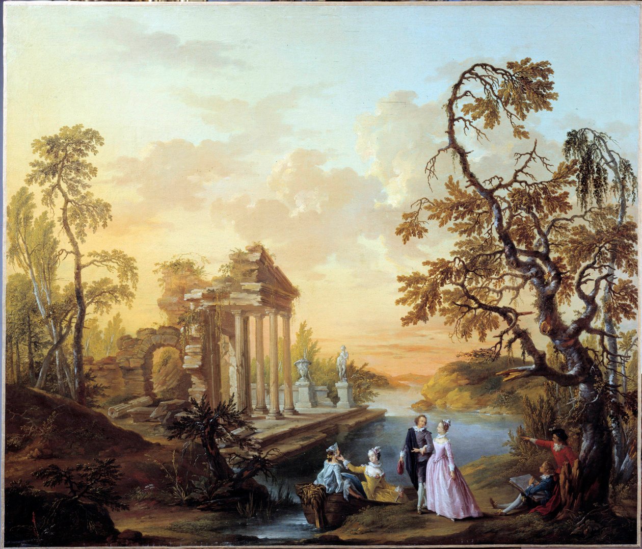 Tribute to Love Romantic Scene muinaisten raunioiden maisemassa iltahämärässä. Louis Joseph Watteau dit Watteau de Lille (1731-1798) tekijältä Louis Joseph  Watteau
