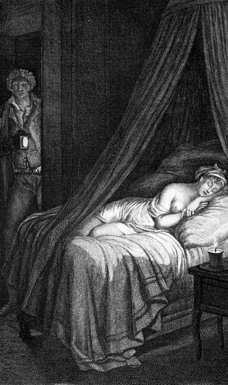 Choderlos de Laclosin vaaralliset linkit (kirje 96). Valmont ja Cecile de Volanges. Masquelierin kaivertama kuvitus Mademoiselle Gérardin mukaan. tekijältä Louis Joseph I Masquelier
