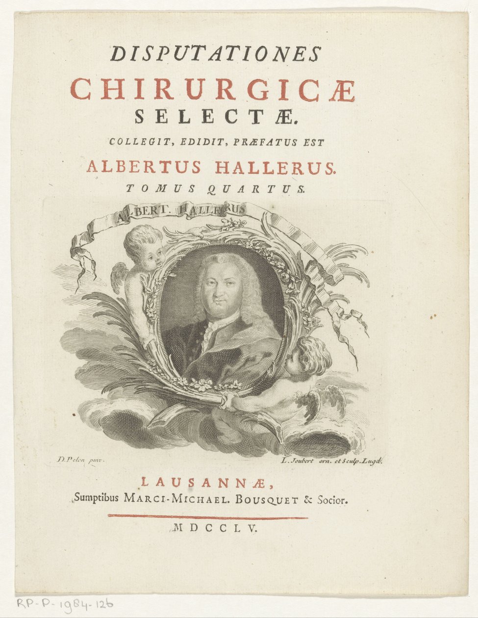 Portret van Albrecht von Haller Albert Haller (otsikko esineessä) Titelpagina voor: Albrecht von Haller, Selected Surgical Discourses, 1755 tekijältä Louis Joubert