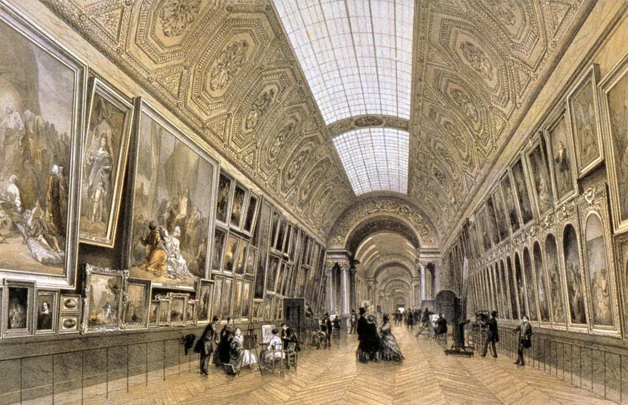 Grande Galerie, Louvren museo, noin 1850 (piirros). tekijältä Louis Jules (after) Arnout