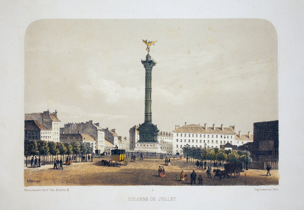 Heinäkuun sarake (Place de la Bastille), Pariisi. Litografia-akvarelli, kuvitus Arnout, "Album, souvenirs de Paris"", Daziaro-toimittaja, Paris tekijältä Louis Jules Arnout