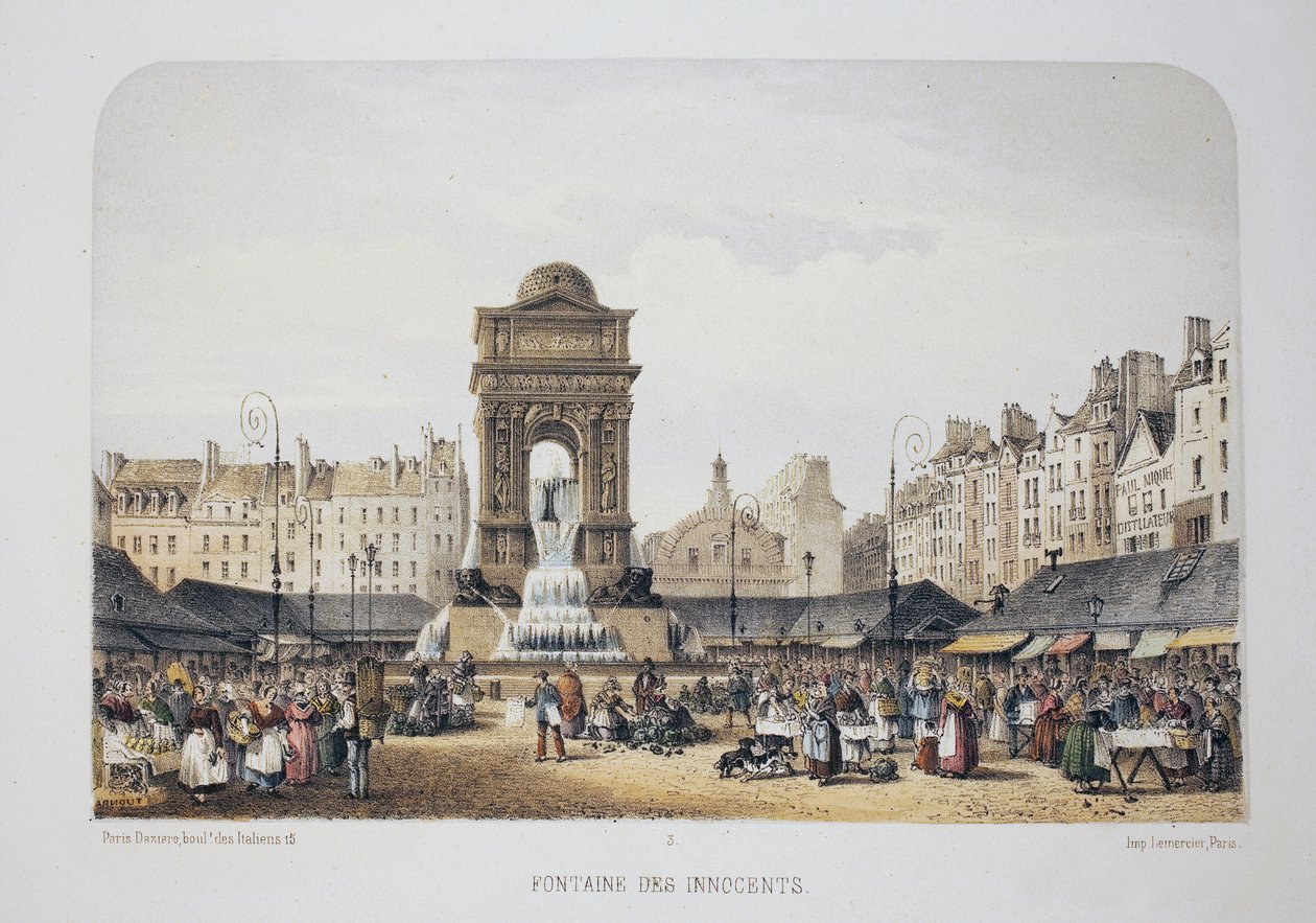Viattomien lähde (Nymfien lähde), Pariisi. Litografia-akvarelli, kuvitus Arnout, "Album, souvenirs de Paris"", Daziaro-toimittaja, Paris tekijältä Louis Jules Arnout