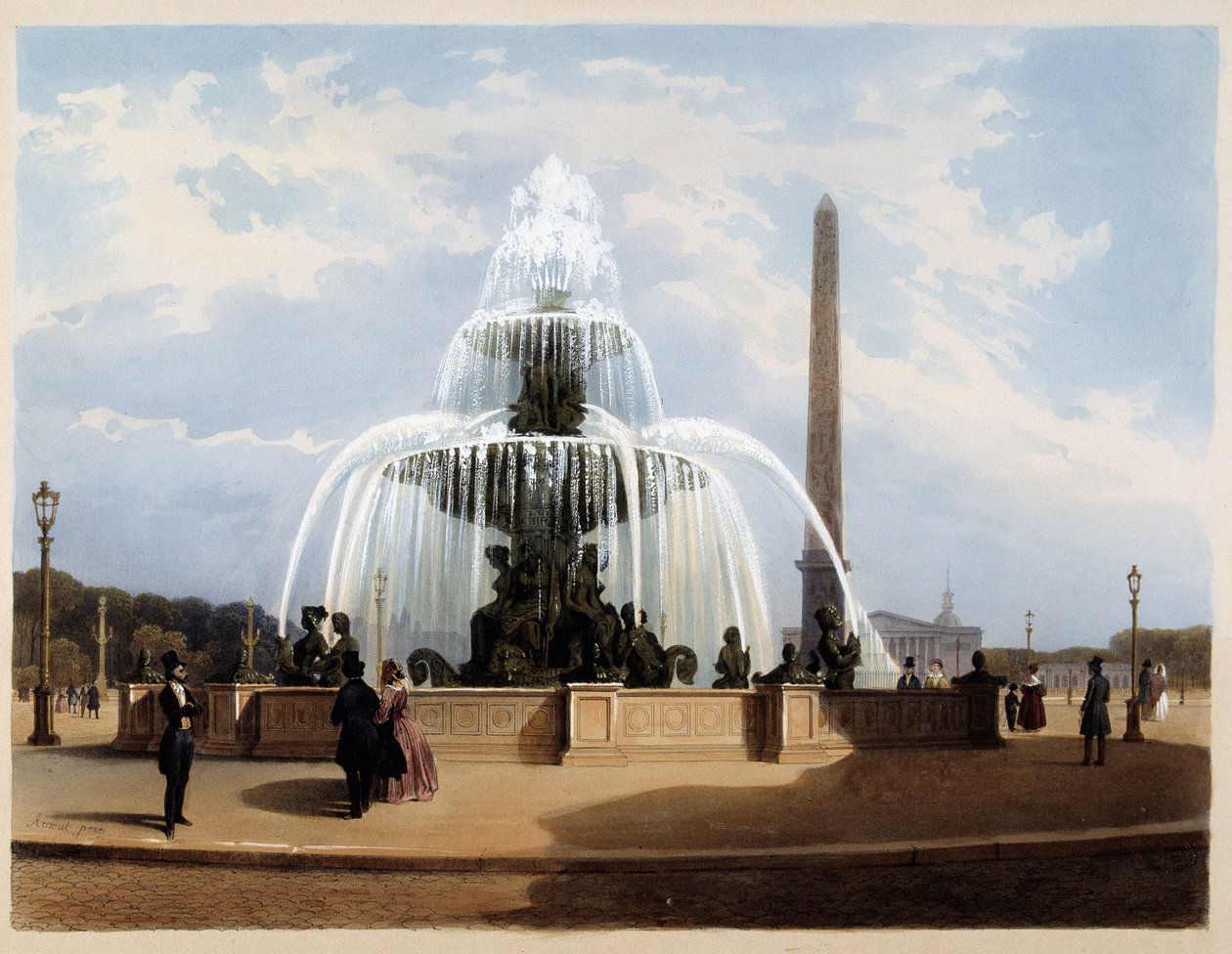 Place de la Concorden suihkulähde - Arnoutin "Pariisissa 1837" tekijältä Louis Jules Arnout