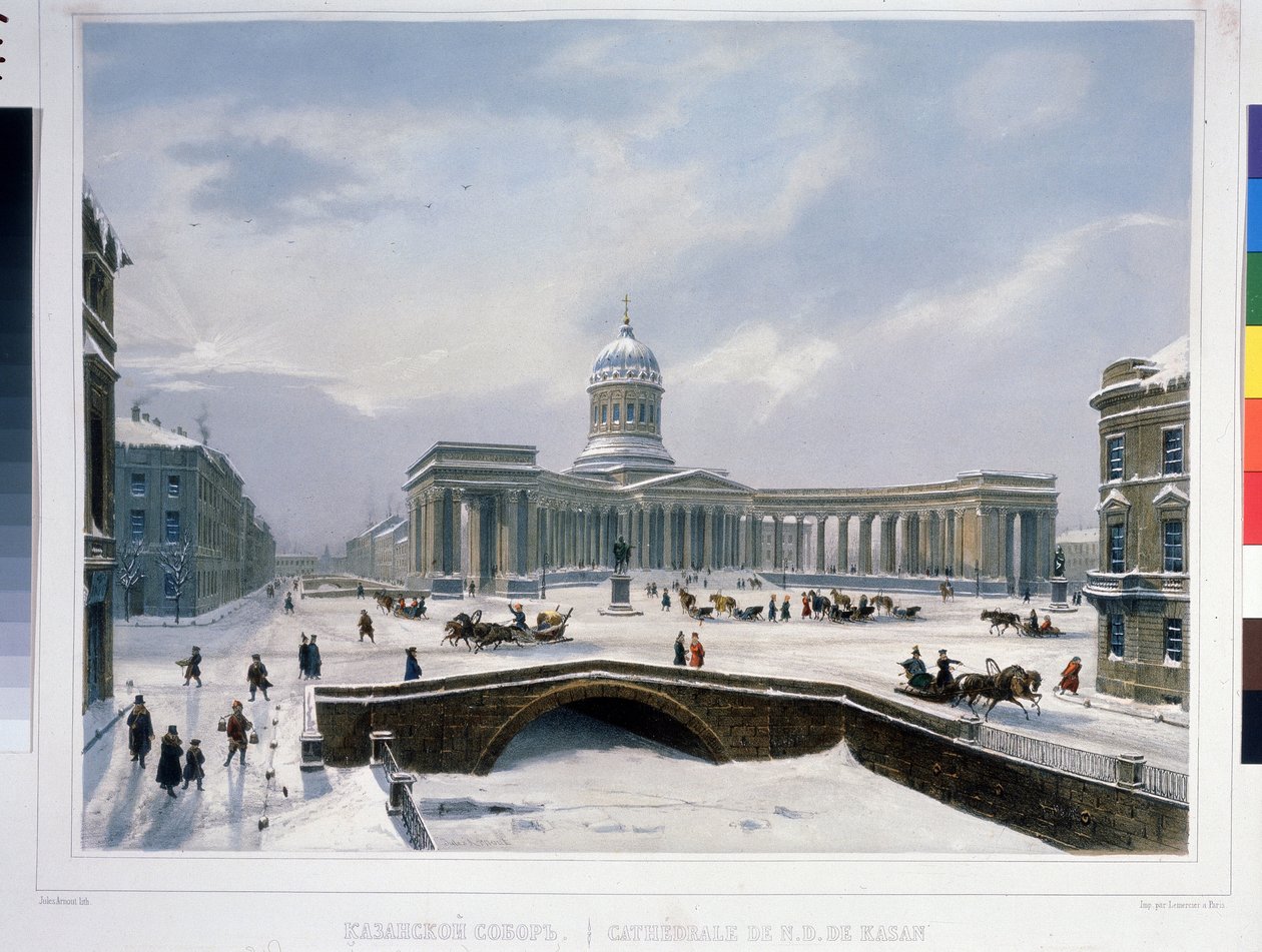 Kazanin katedraali Pietarissa. Litografia Louis Jules Arnout (1814-1868), akvarelliväritetty, noin 1840. Ranskalainen taide, klassismi. A. Pushkinin muistomuseo, Pietari. tekijältä Louis Jules Arnout