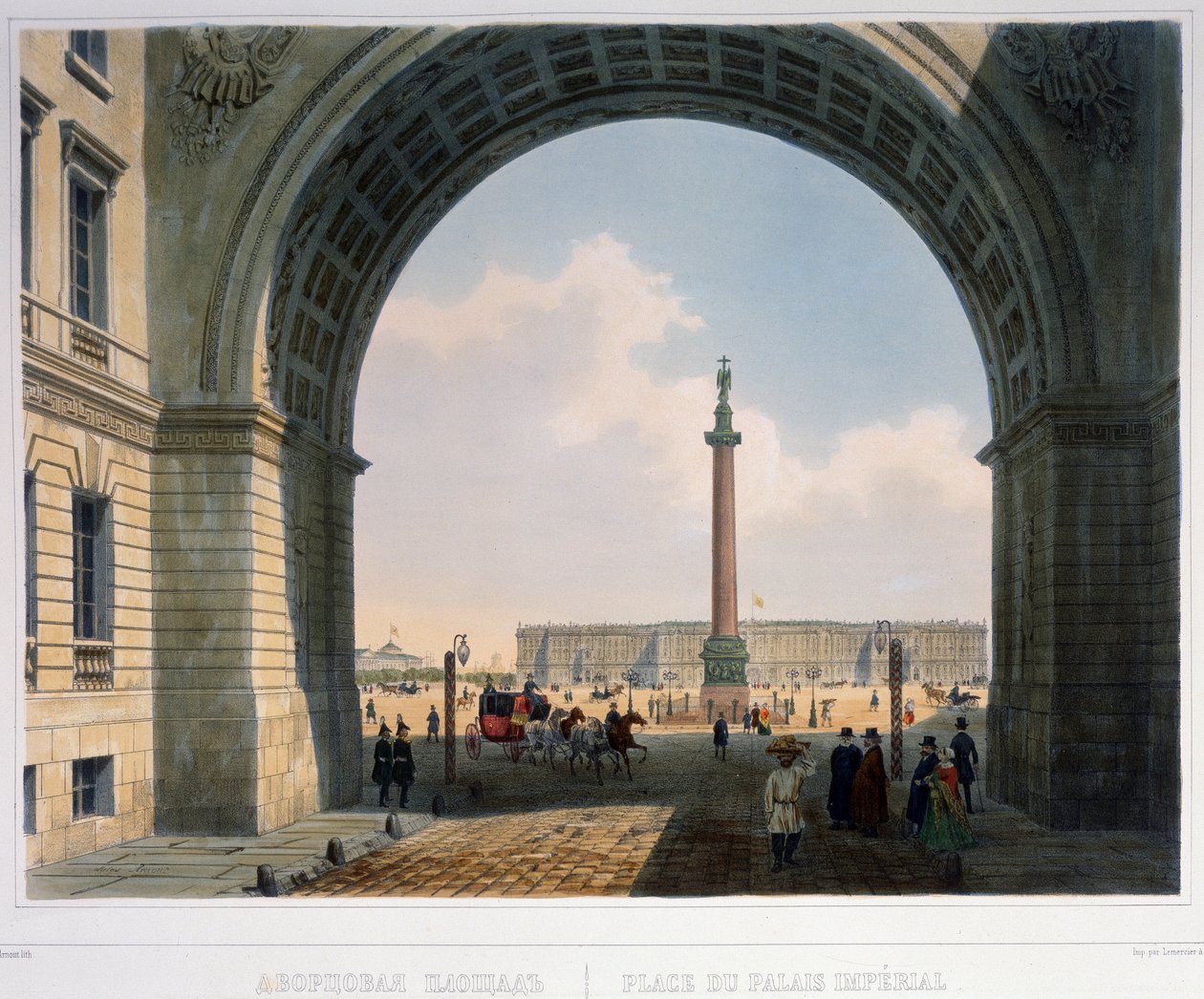 Palatsiaukio, näkymä Pääarmeijan päämajan kaarelta. (Pietari) Louis Jules Arnoutin (1814-1868) litografia, vesiväri, 25,2 x 33,5 cm, noin 1840. Ranskalainen taide tekijältä Louis Jules Arnout