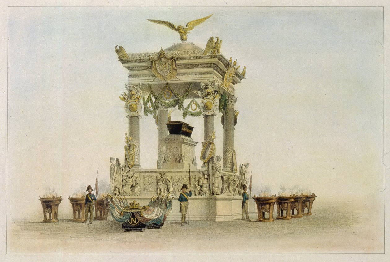 Napoleon I Bonaparten (1769-1821) arkku Invalides-kirkossa (Pariisi, Ranska). (Napoleonin arkku Les Invalidesin kirkossa). Louis Jules Arnoutin (1814-1868) työ, litografia ja akvarelli. 1800-luvun ranskalainen taide, klassismi. tekijältä Louis Jules Arnout