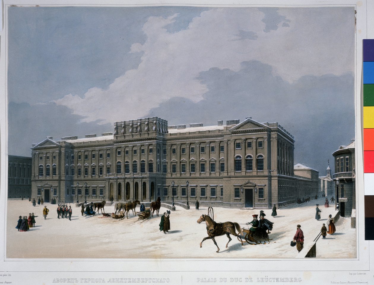Mariinski-palatsi Pietarin Iisakinaukiolla. Litografia Louis Jules Arnout (1814-1868), akvarelliväritetty, noin 1840. Ranskalainen taide, klassismi. A. Push tekijältä Louis Jules Arnout