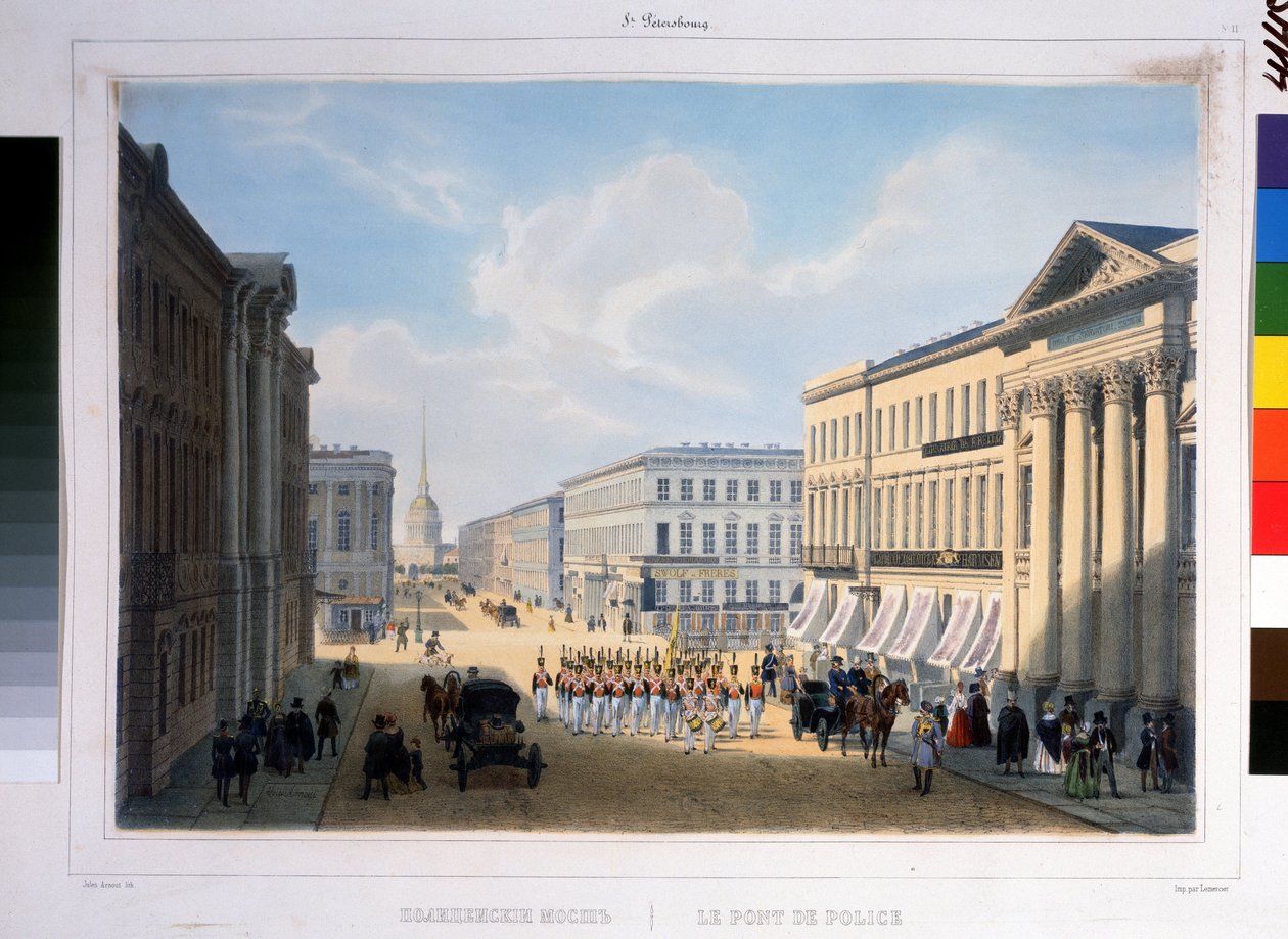 Pietarin poliisisilta Nevski prospektilta Stroganovin palatsista katsottuna. Litografia Louis Jules Arnout (1814-1868), värillinen tekijältä Louis Jules Arnout