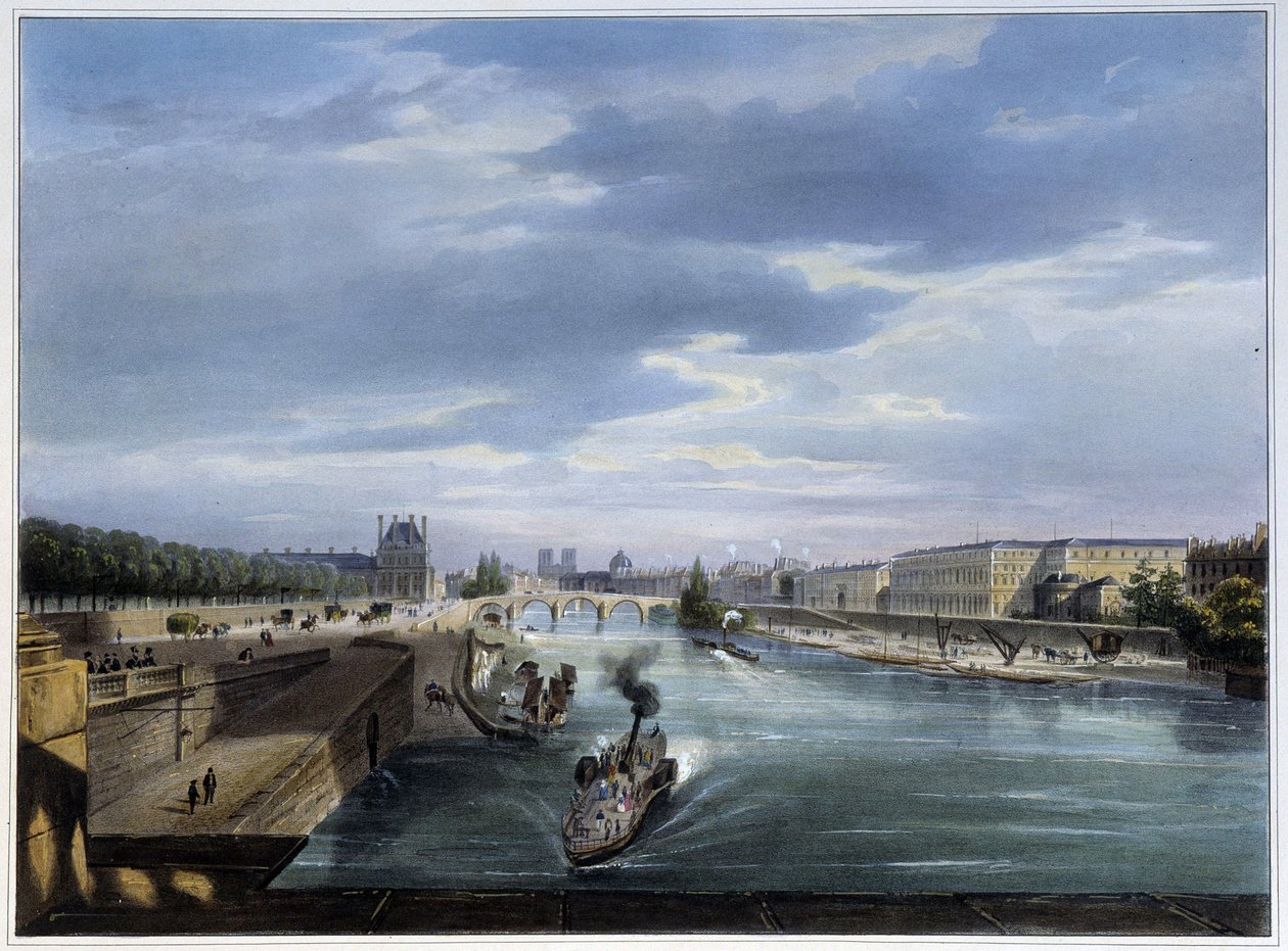 Pont du Carrousel et bateau steam - "" Paris en 1837":ssä, kirjoittanut Arnout tekijältä Louis Jules Arnout