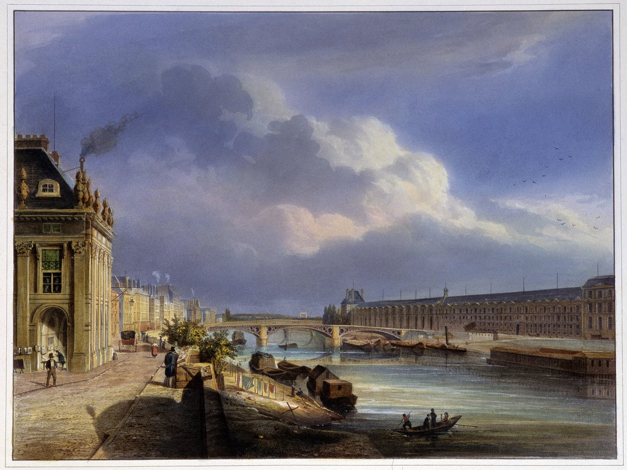 Pont du Carrousel ja Louvren suuri galleria - Arnoutin "Pariisissa vuonna 1837" tekijältä Louis Jules Arnout