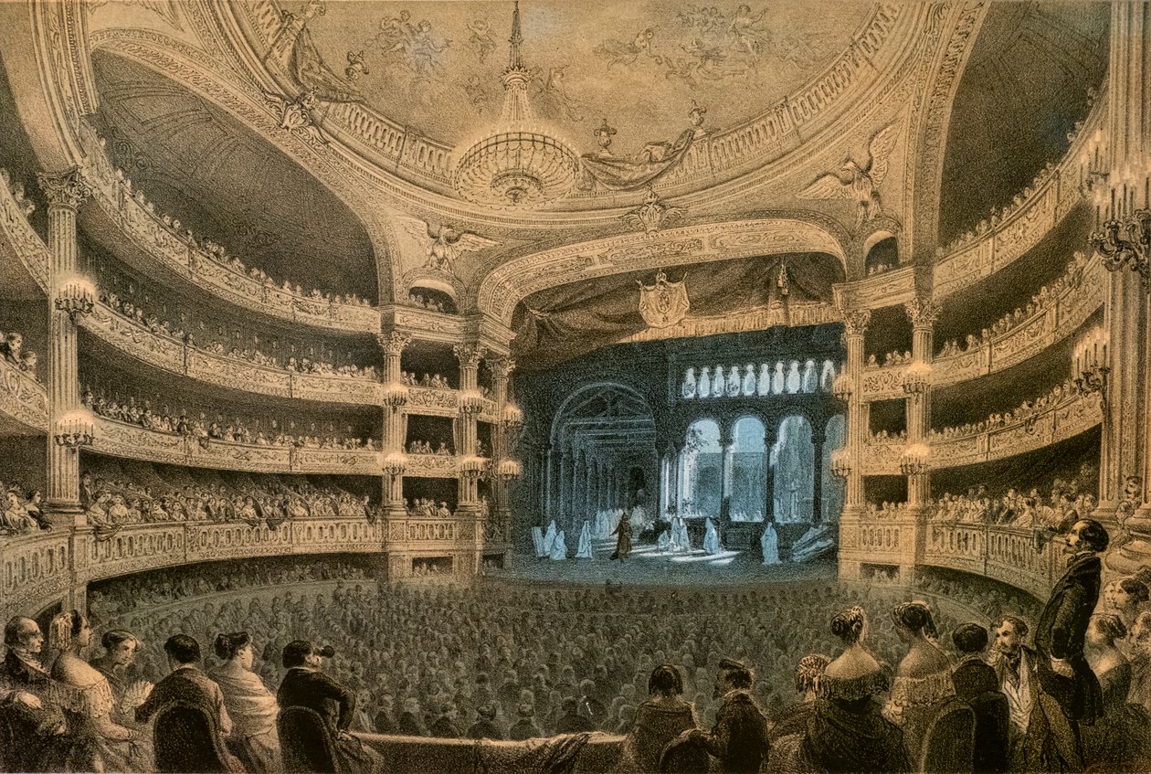 Imperiale Academy of Music, oopperan teatteri, esityksen "Robert le Diable" (1831) aikana. Värillinen litografia. tekijältä Louis Jules Arnout