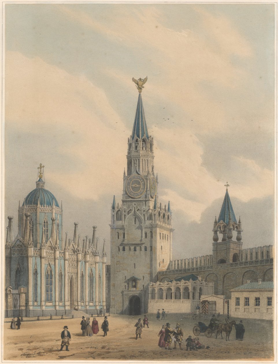 Spasskaya Tower Vapahtajaportit ja Pyhän Katariinan taivaaseenastumisen kirkko Moskovan Kr tekijältä Louis Jules Arnout