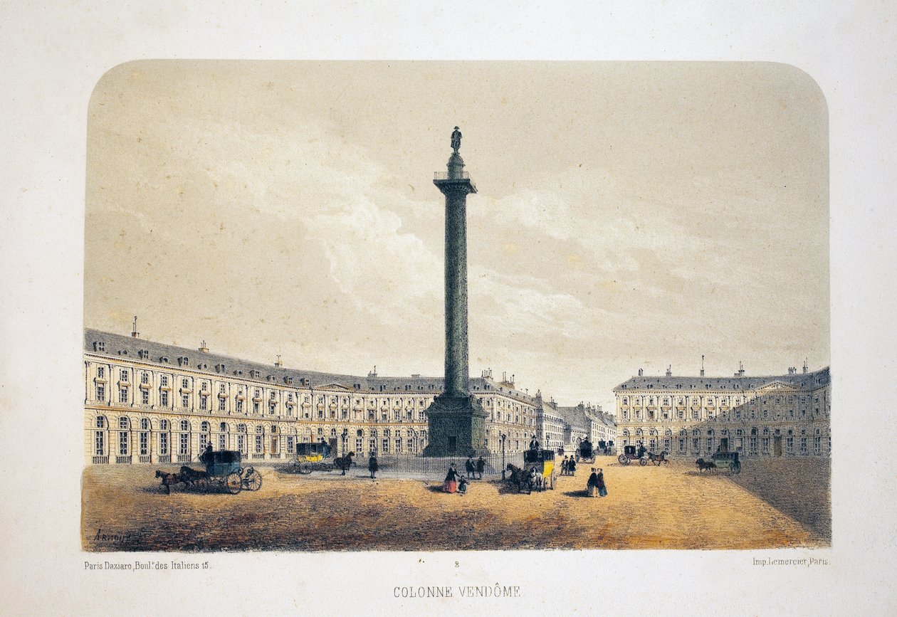 Vendome-pylväs, Pariisi. Litografia-akvarelli, kuvitus Arnout, "Album, souvenirs de Paris"", Daziaro-toimittaja, Paris tekijältä Louis Jules Arnout