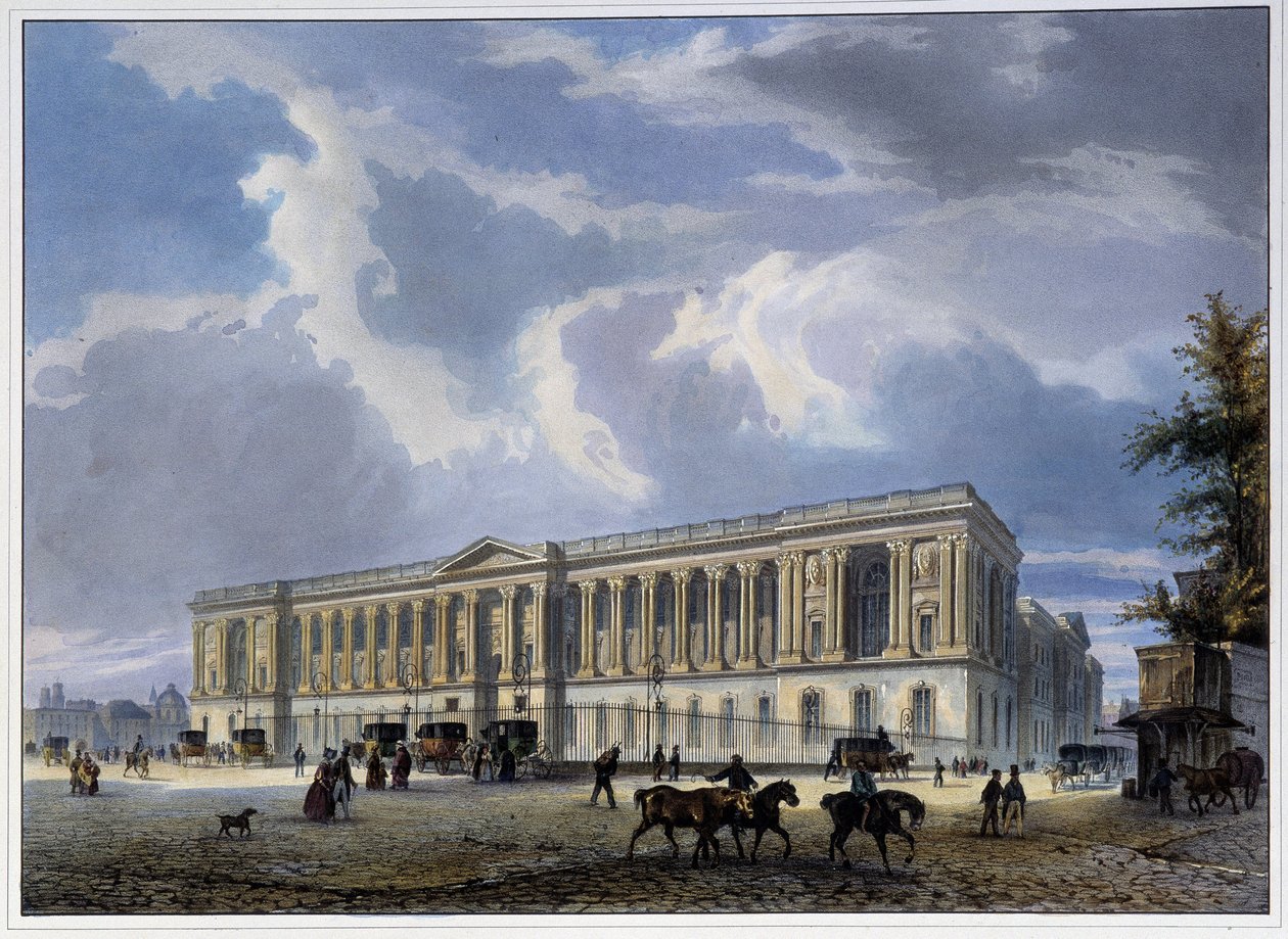 Näkymä Louvren pylväikkölle - "" Paris en 1837" -kirjoittaja Arnout tekijältä Louis Jules Arnout
