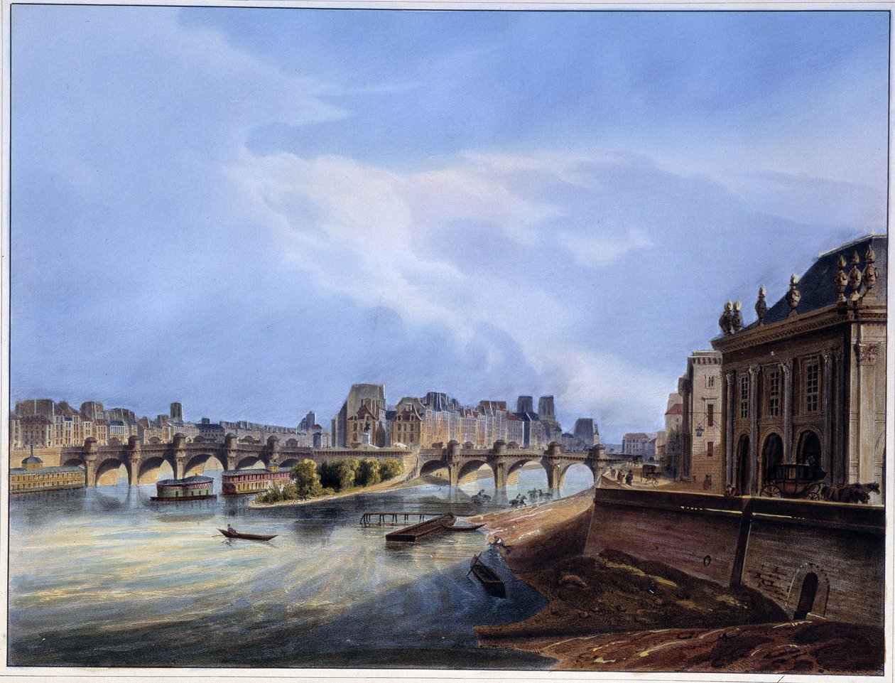 Näkymä Neufin sillalle - Arnoutin "" Paris en 1837" -sillassa tekijältä Louis Jules Arnout