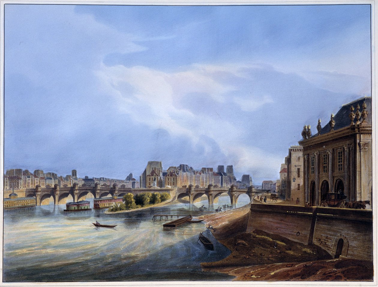 Näkymä Pont Neufille - ""Pariisissa vuonna 1837", kirjoittanut Arnout tekijältä Louis Jules Arnout