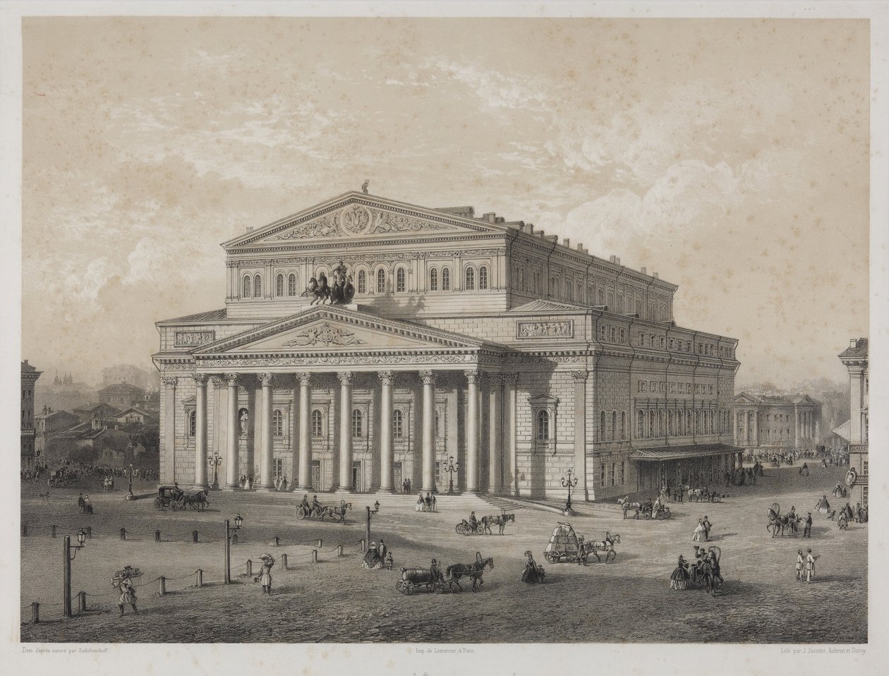 Bolchoi - Moskovan Bolshoi-teatteri, kirjoittanut Jacottet, Louis Julien (1806-?). Litografia tekijältä Louis Julien Jacottet