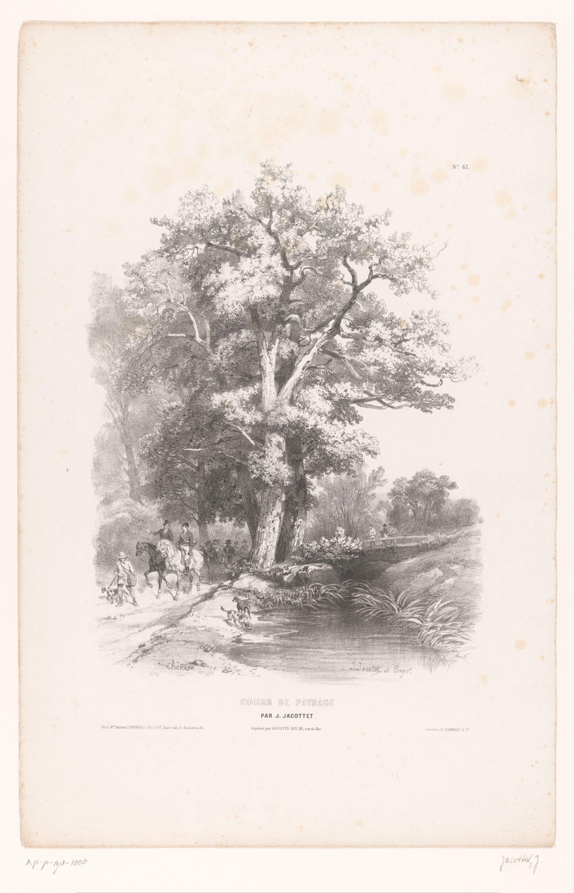 Metsästäjät koirien kanssa ojan varrella metsässä Maisemapiirustuskurssi (sarjan nimi) Cours de Paysage (sarjan nimi esineellä) tekijältä Louis Julien Jacottet