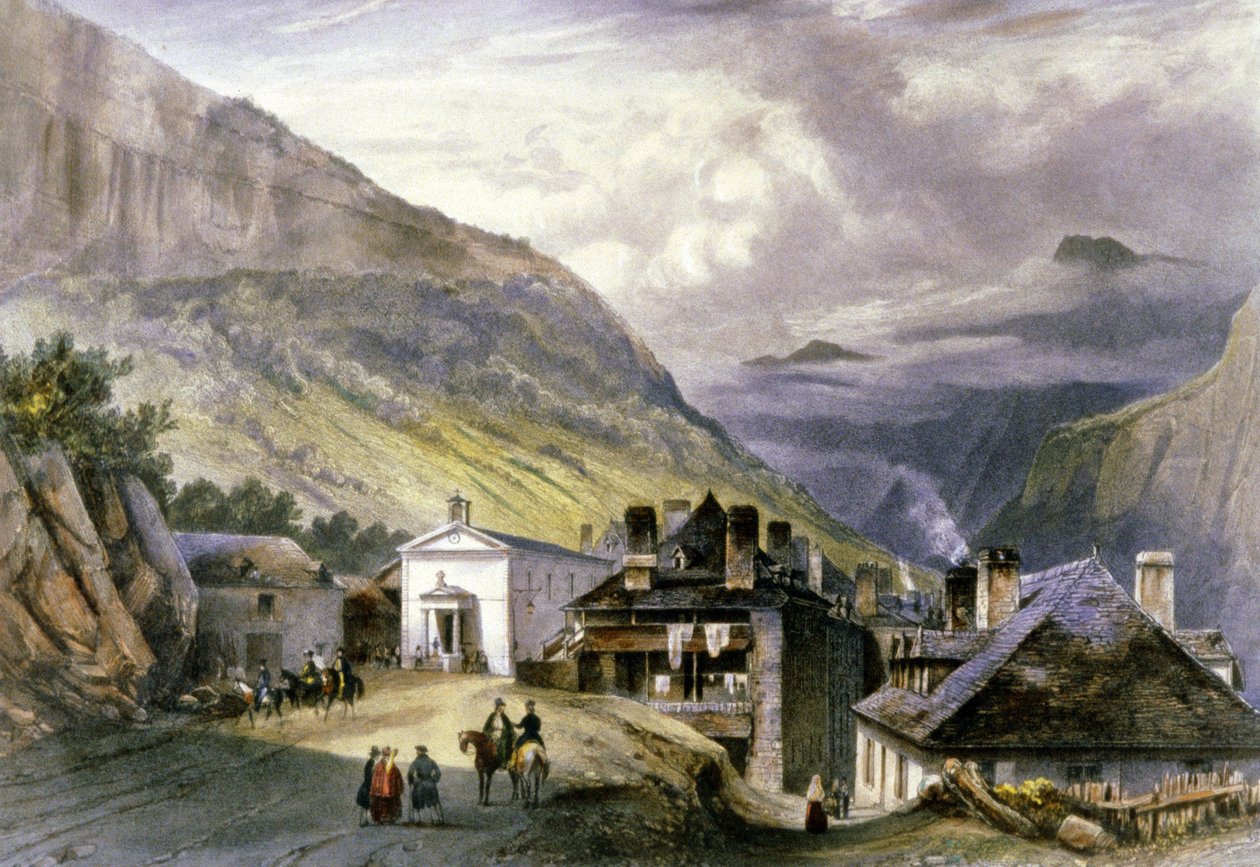 Eaux chaudesin kylä, noin 1850 (litografia). tekijältä Louis Julien Jacottet