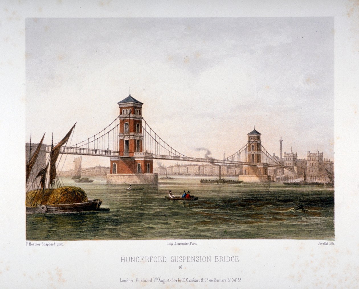 Näkymä Hungerford Bridgelle idästä, Lontoo, 1854. tekijältä Louis Julien Jacottet