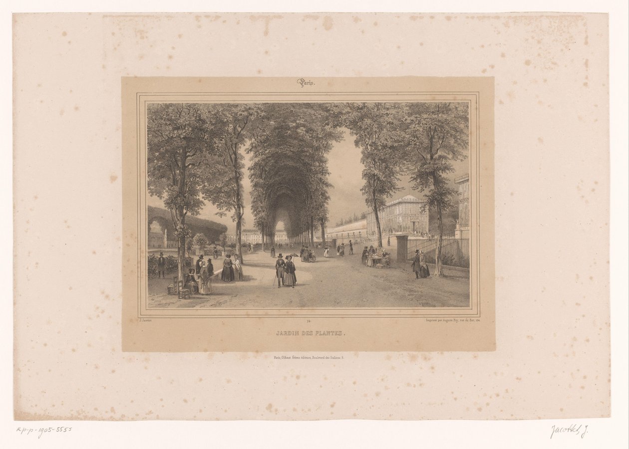 Näkymä Jardin des Plantesille Jardin des Plantes (otsikko esineessä) Kasvot Pariisissa ja sen ympäristössä (sarjan nimi) Paris (sarjan nimi esineellä) tekijältä Louis Julien Jacottet
