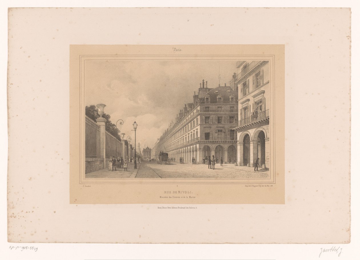 Näkymä Rue de Rivolille Rue de Rivoli. Ministerière des Finances et de la Marine (otsikko esineessä) Kasvot Pariisissa ja sen ympäristössä (sarjan nimi) Paris (sarjan nimi esineellä) tekijältä Louis Julien Jacottet