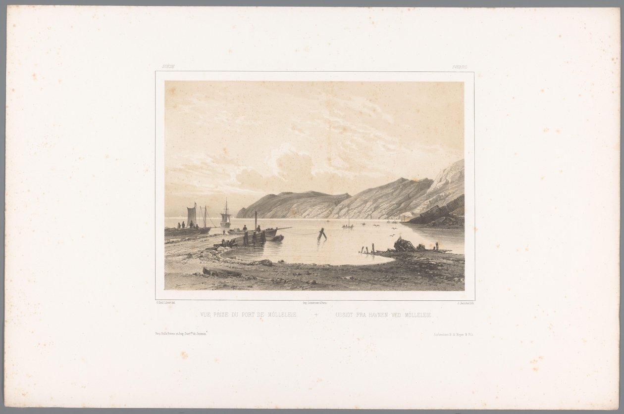 Näkymä Möllen satamaan Vue prize du Port de Mólleleie / Udsigt fra Havnen ved Mólleleie (otsikko esineessä) Kasvot Skandinaviassa (sarjan nimi) Vues du Nord. Mokka (sarjan nimi) tekijältä Louis Julien Jacottet