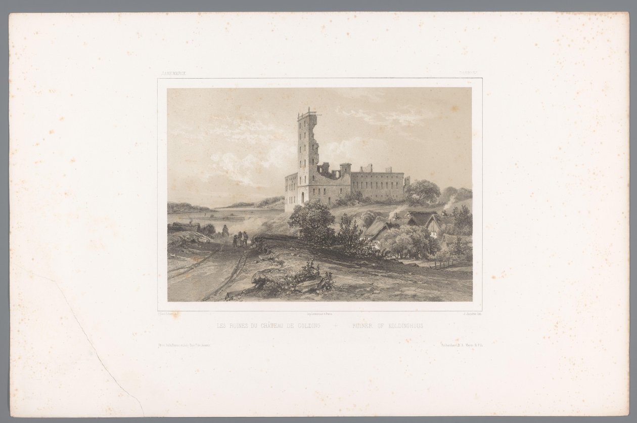 Näkymä Koldinghusin raunioille Les ruines du château de Colding / Ruiner of Koldinghuus (otsikko esineessä) Kasvot Skandinaviassa (sarjan nimi) Vues du Nord. Danemarck (sarjan nimi) tekijältä Louis Julien Jacottet
