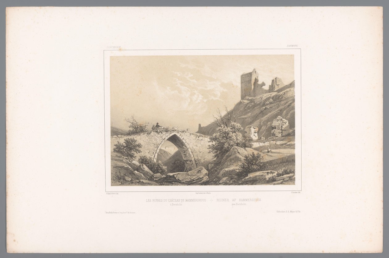 Näkymä Hammershusin linnan raunioille Les ruines du Château de Hammershuus / Ruiner af Hammershuus (otsikko esineessä) Kasvot Skandinaviassa (sarjan nimi) Vues du Nord. Danemarck (sarjan nimi) tekijältä Louis Julien Jacottet