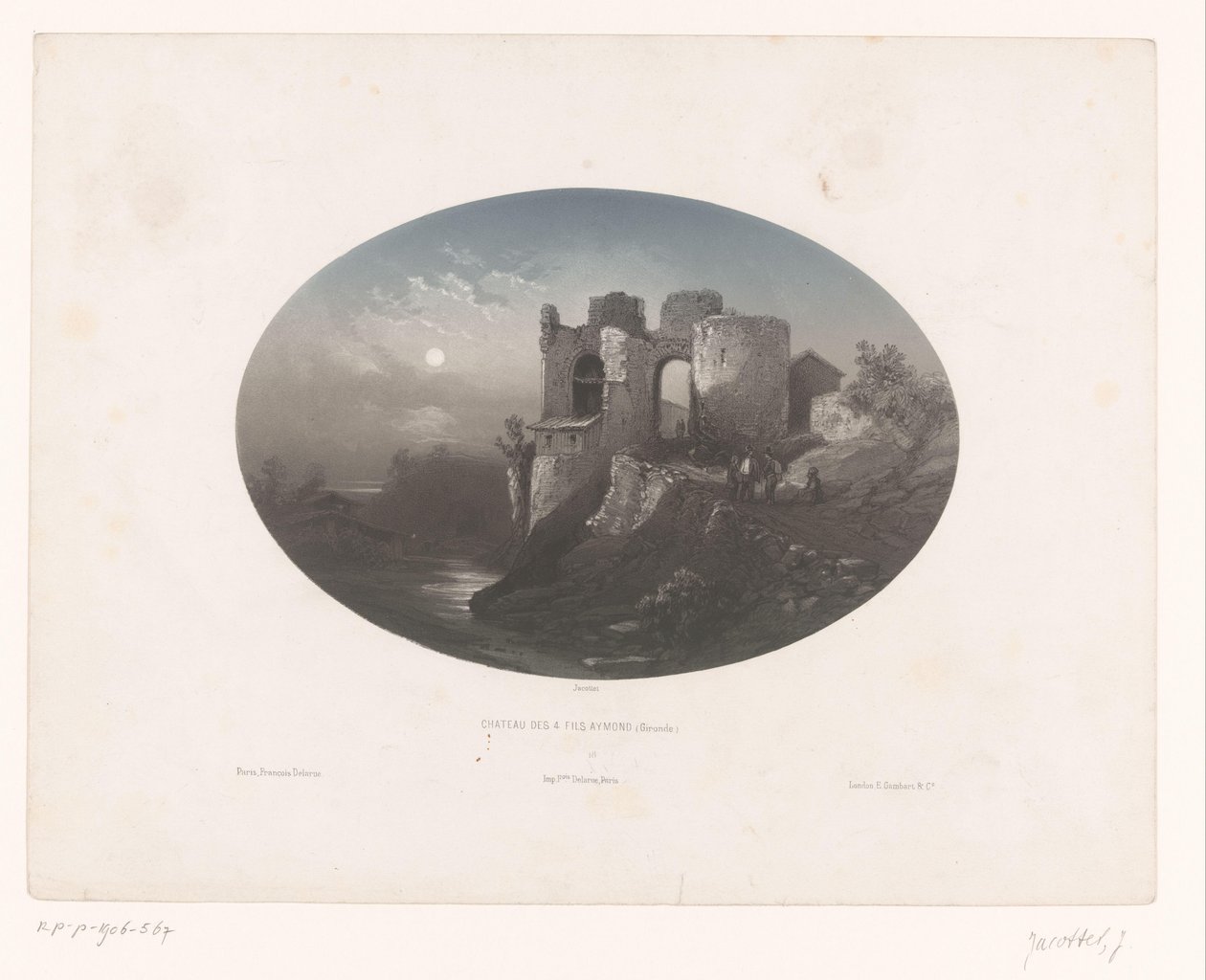 Näkymä Four Heemskinderenin linnan raunioille Château des 4 fils Aymond (Gironde) (otsikko esineessä) tekijältä Louis Julien Jacottet