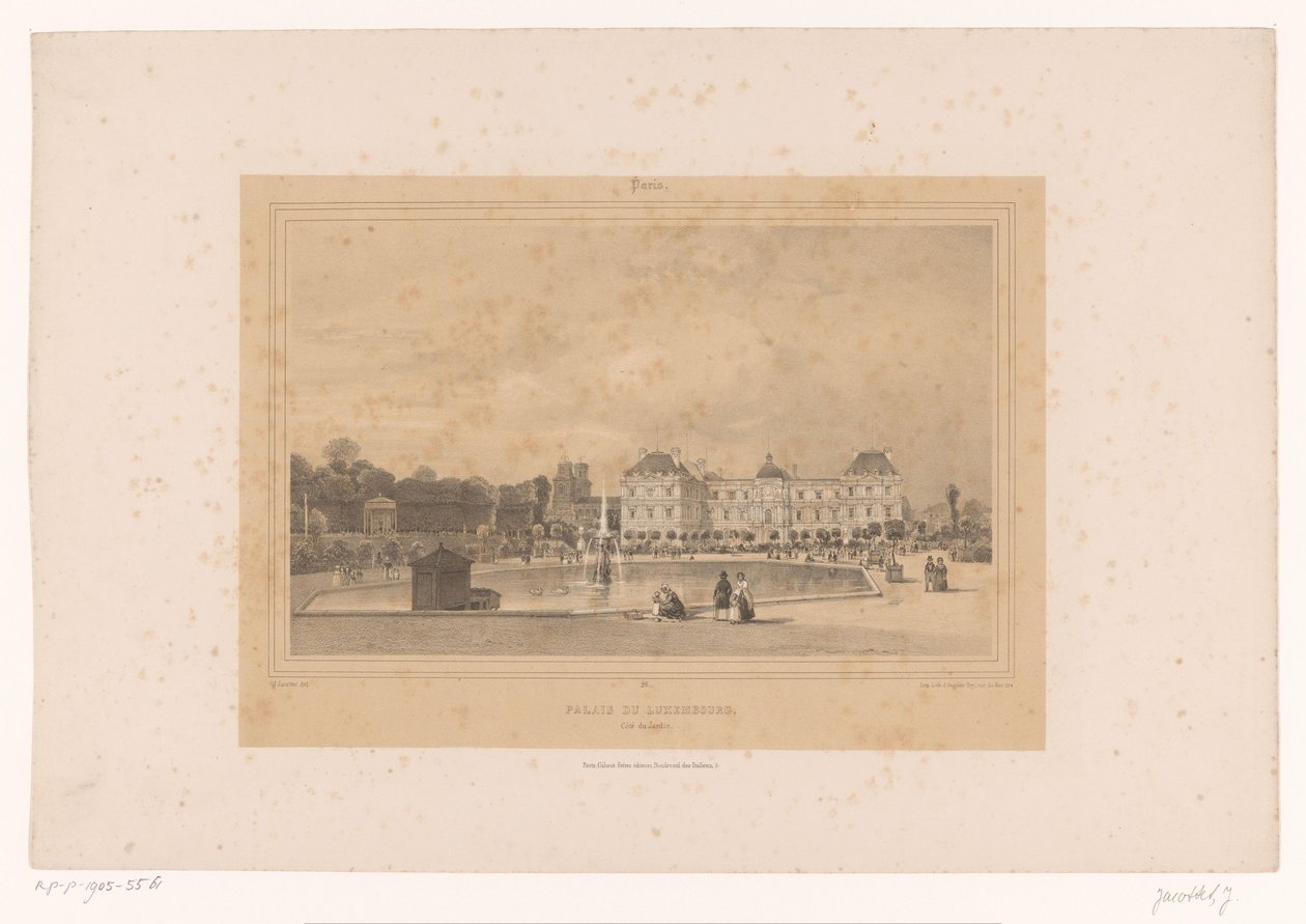 Näkymä Luxemburgin palatsille Jardin du Luxembourgista Palais du Luxembourg, Côté du Jardin (otsikko esineessä) Gezichten in en om Paris (sarjan nimi) Paris (sarjan nimi esineellä) tekijältä Louis Julien Jacottet
