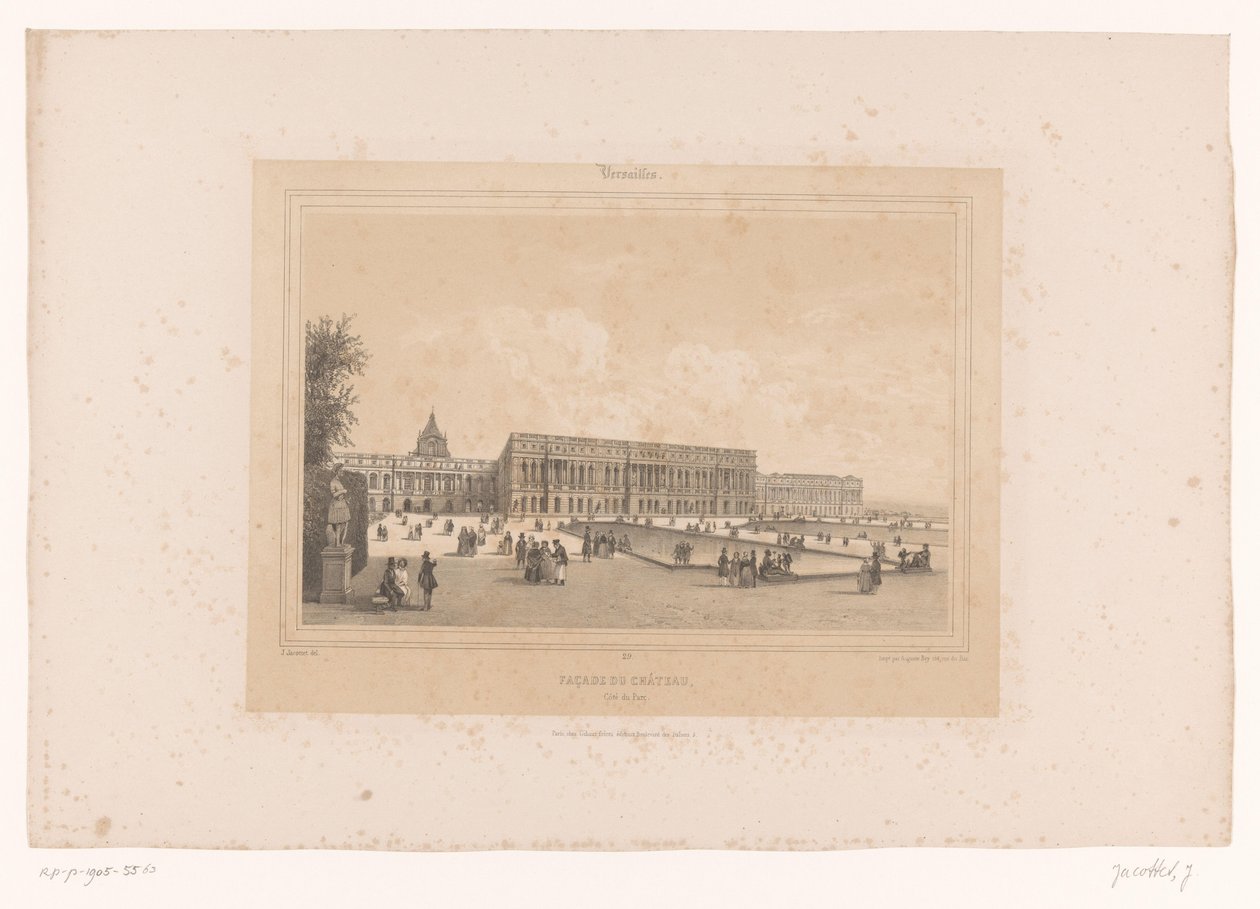 Näkymä Versaillesin palatsille puutarhasta Julkisivu du Château, Côté du Parc (otsikko esineessä) Kasvot Pariisissa ja sen ympäristössä (sarjan nimi) Versailles (sarjan nimi esineellä) tekijältä Louis Julien Jacottet
