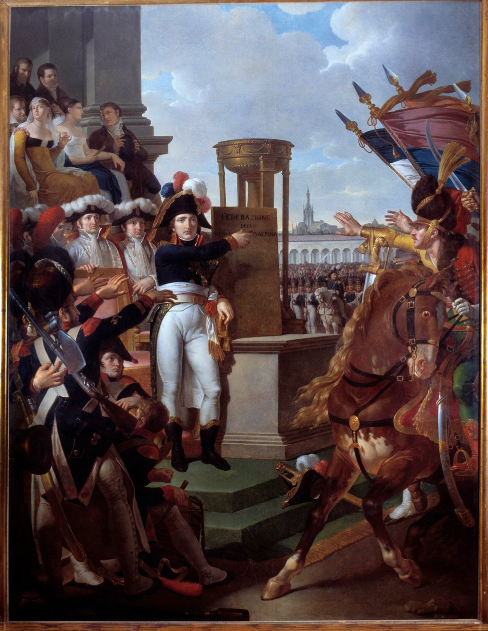 Napoleon Bonaparte (1769-1821) julisti Sisalpiinien tasavallan Milanossa 7.9.1797 Louis Lafitten (1770-1828) maalaus 1797 su. 2,52 x 3,34 m. Aixin saari, Napoleonin museo tekijältä Louis Lafitte