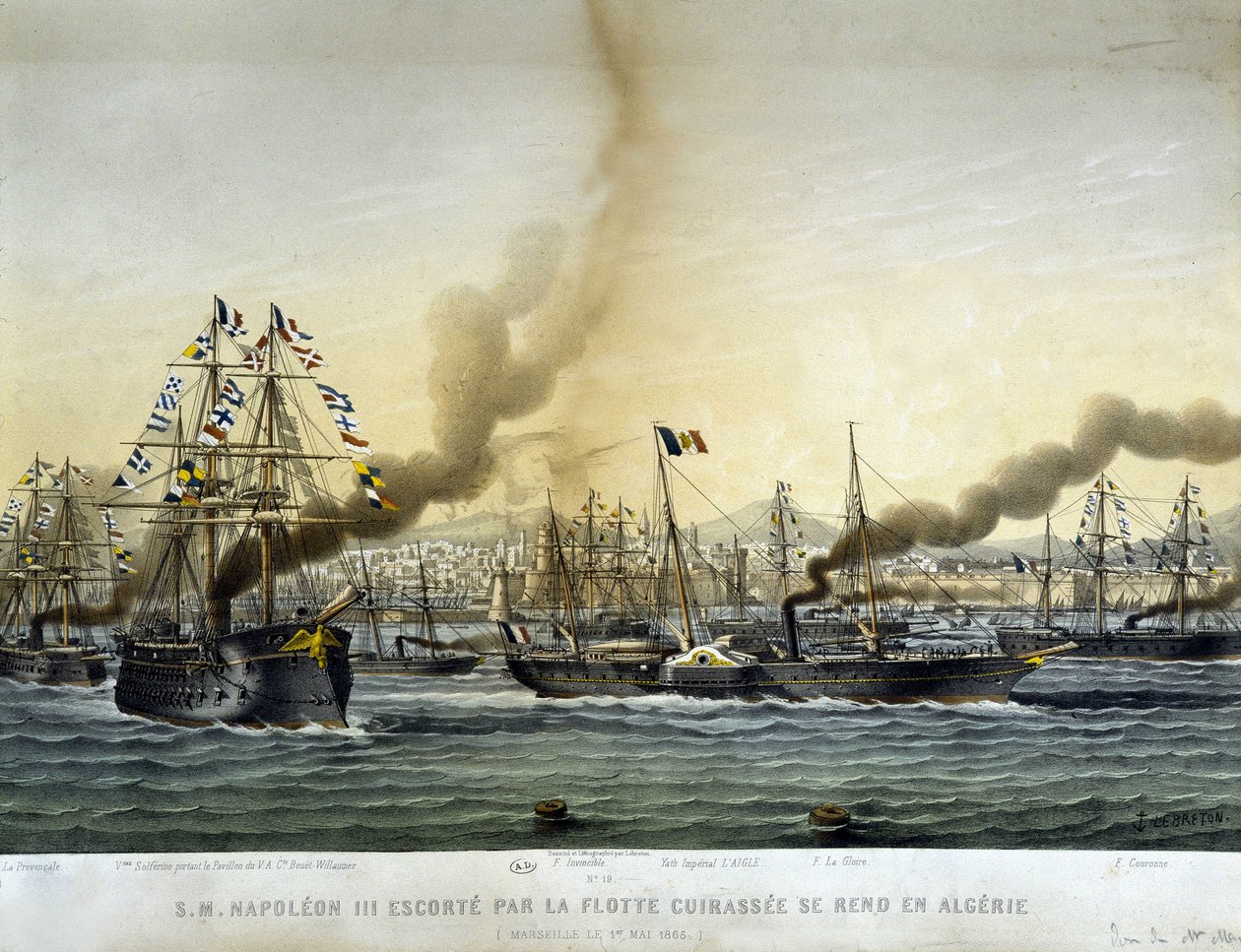 Napoleon III Battlesee-laivaston saattamana meni Algeriaan syyskuussa 1860, kaiverrus 1865. tekijältä Louis Le Breton