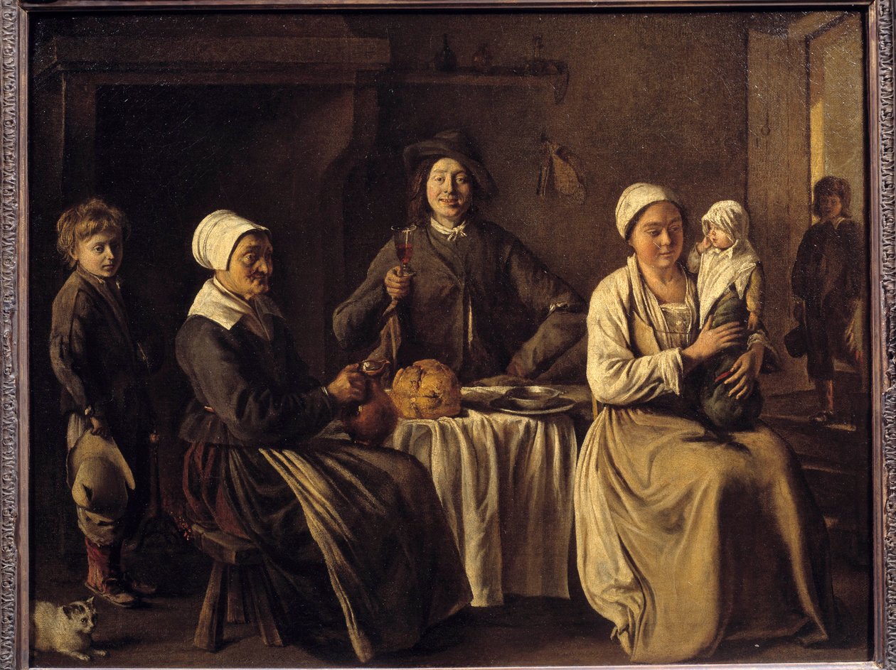 Baptemen paluu eli "Onnellinen perhe" Louis Le Nainin (1593-1648) maalaus 1642. Mitat 0,61 x 0,78 m tekijältä Louis le Nain