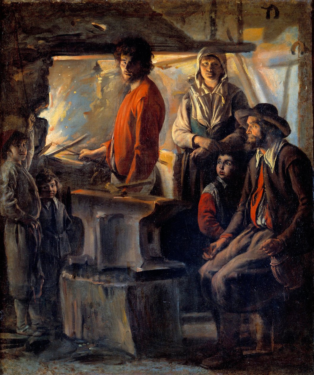 Seppä tai marekhal takossaan Marechal-rauta ja hänen perheensä, hänen vieressään alasin. Ludvig Nainin (1593-1648) maalaus 1600-luvun aurinko. 0,69x0,57 m tekijältä Louis le Nain